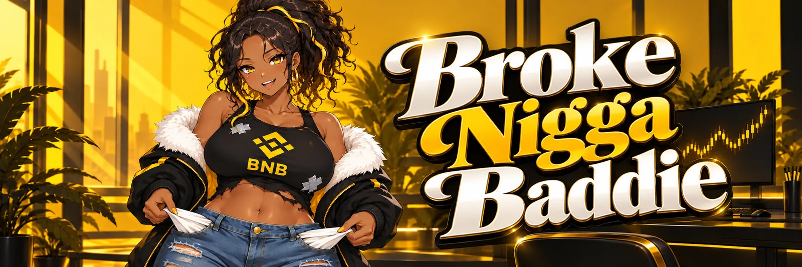 Broke Nigga Baddie banner: she pulls out empty pockets at a trading desk