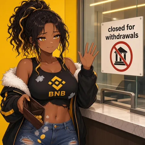 She waves at a teller window with a closed-for-withdrawals sign